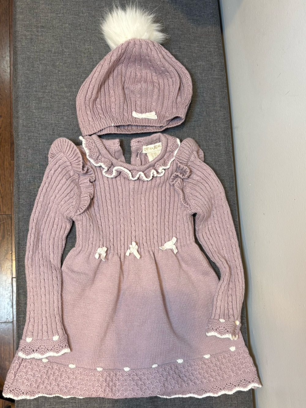 24 months Dusty Lilac Knit Ruffle Sweater Dress with Pom Hat